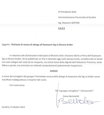 PROVINCIA SONDRIO: I Democratici chiedono la testa di Snider
