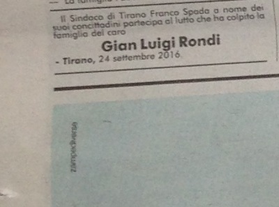 RONDI: le condoglianze della Citt di Tirano  