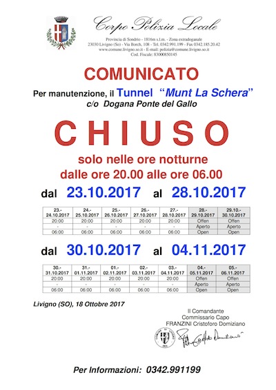 Chiusura notturna per il Tunnel Munt La Schera